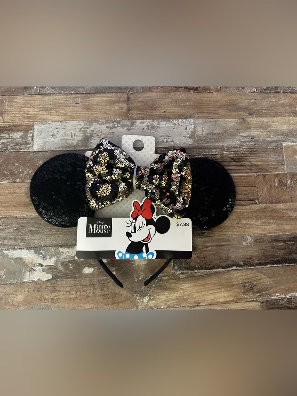 Disney Black Sequin Minnie Ears Headband with Gold Accent Bow
